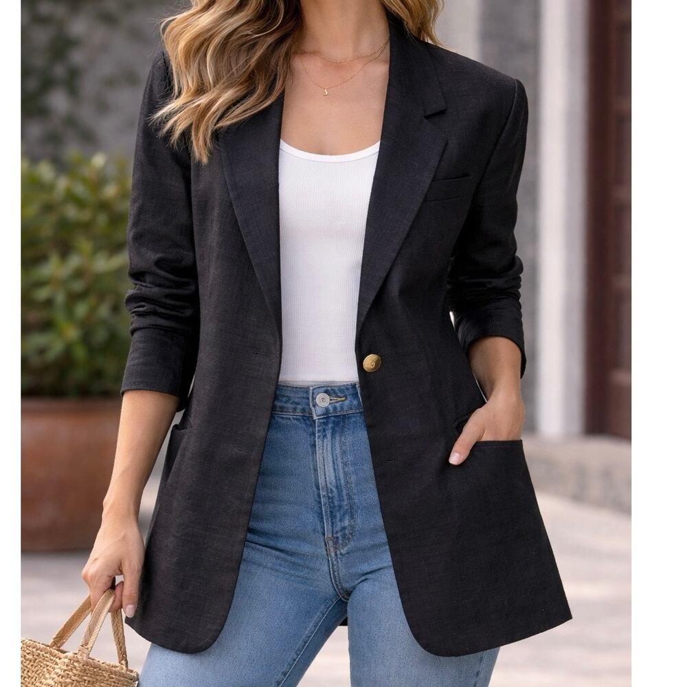 Vtg 90s Casual Corner 12P Black 100% Linen Lined One Button Longline Blazer EUC